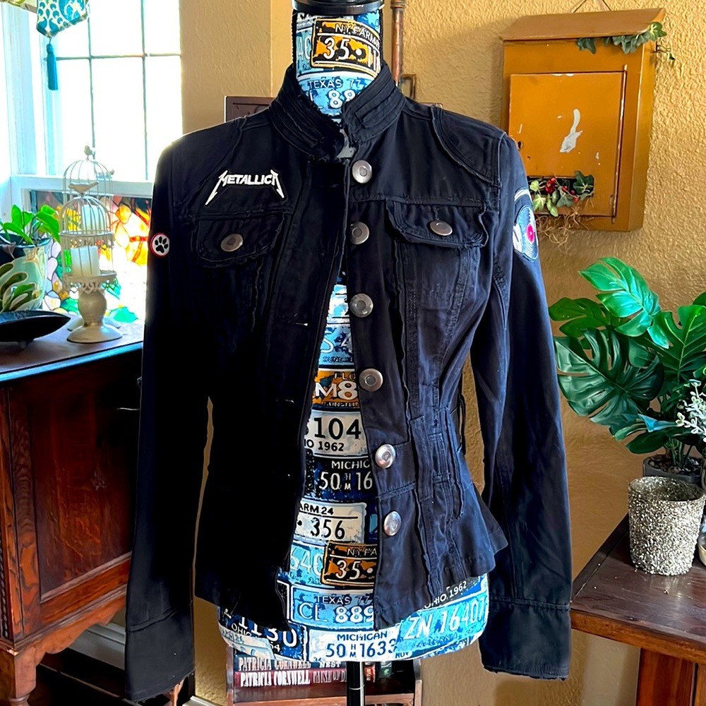 Black Military Canvas Jacket in Size Small Repurposed with Patches